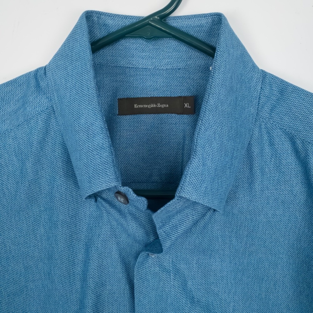 Ermenegildo Zegna Button Down Mens Shirt XL Blue Textured Long Sleeve All Cotton - Picture 5 of 15